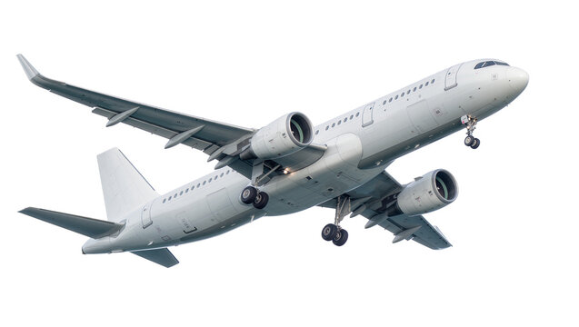 White passenger jet airplane with landing gear extended, isolated on transparent background