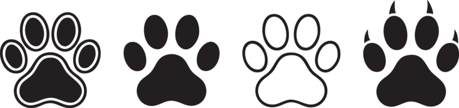 Pawprint set of four diverse animal track icons, dog, cat, animal, footprint, vector