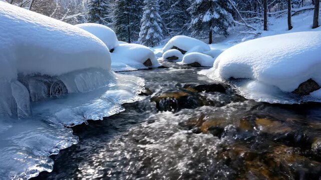 Winter stream flowing through snowy forest with icy banks