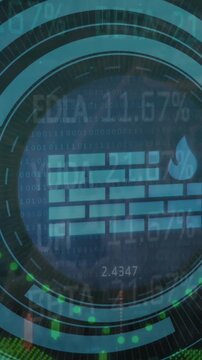 Animation of firewall icon over round scanner against financial and stock market data processing