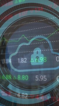 Animation of security padlock and cloud icon against stock market data processing and cityscape