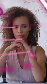 Composite image of caucasian woman with statistical data processing against composite background