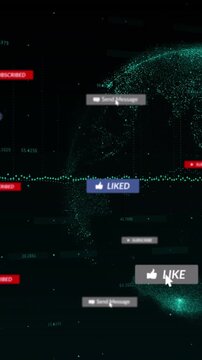 Animation of multiple notification bars, graph and globe with numbers over black background