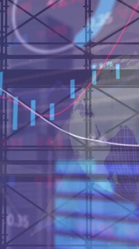 Animation of graphs, trading board and globe over modern buildings through window