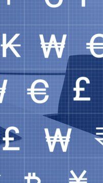 Animation of multiple white currency icons over unoccupied chair and computer in office