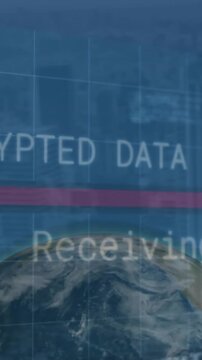 Animation of texts, globe, loading bars and computer language over modern cityscape
