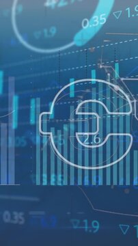 Animation of euro symbol, navigation pattern, multiple graphs and trading board over blue background
