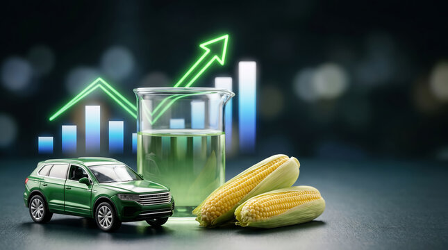 Measuring cup with E20 bioethanol fuel and toy car with rising graph, clean energy, financial growth, alternative energy development, renewable fuels 