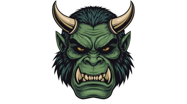 Angry green demon head with pronounced horns, fierce expression, and detailed texture in a bold digital artwork.