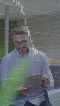Animation of stock market data processing over diverse colleagues discussing together at office