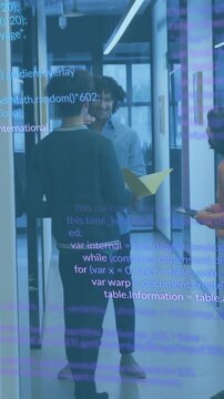Animation of data processing against team of diverse colleagues discussing together at office