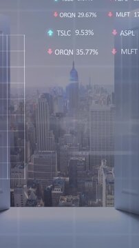 Animation of graphs and trading boards, modern cityscape through open window