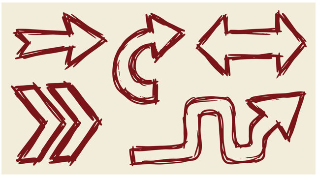 Assorted red hand-drawn arrows featuring double pointers curved lines zigzag patterns on a light background arrow set pointer symbols directional signs doodle arrows graphic eleme