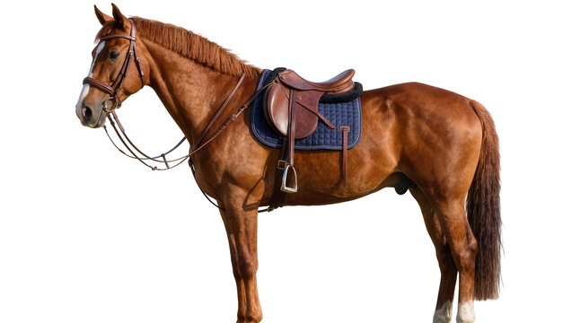 Brown horse with leather saddle and bridle, isolated on transparent background