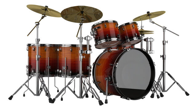 Complete drum kit with polished metal hardware and wood grain finish, isolated on transparent background