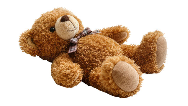 Fluffy brown teddy bear with plaid bow, isolated on transparent background
