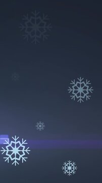 Animation of snowflakes floating against light spot on blue background with copy space