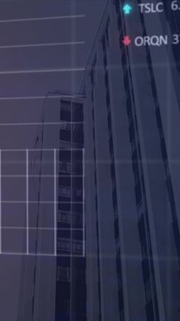 Animation of statistical and stock market data processing against low angle view of tall buildings