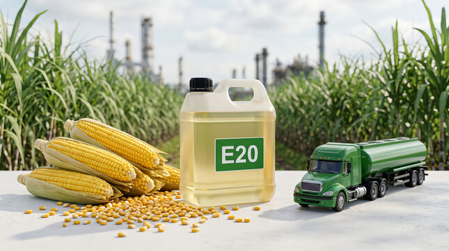 E20 bioethanol fuel jerrycan and toy truck, Green energy concept, renewable resources, green energy development for automotive industry, environmentally friendly fuel