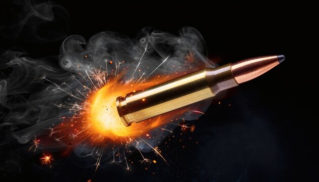 High speed macro shot of a gleaming brass bullet hurtling through the air, complete with flames, thick smoke, and sparks against a black background.
