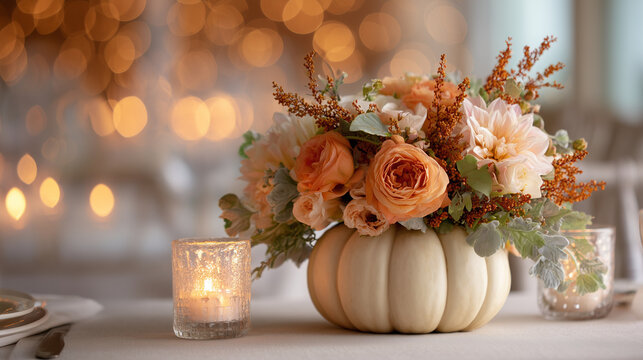 Elegant pumpkin arrangement with soft candlelight and warm orange bokeh