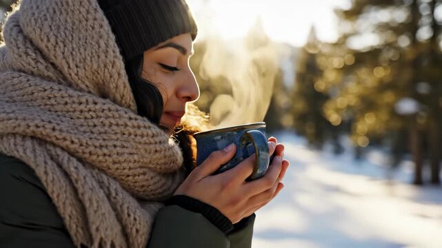 Woman holding steaming mug in snowy winter forest at sunrise