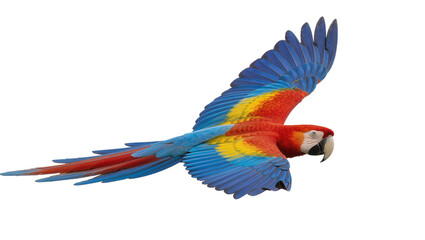 Vibrant scarlet macaw parrot with blue wings and yellow chest, flying isolated on transparent background © Sorin