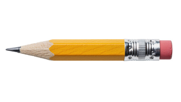 Yellow hexagonal pencil with sharpened graphite tip and pink eraser, isolated on transparent background