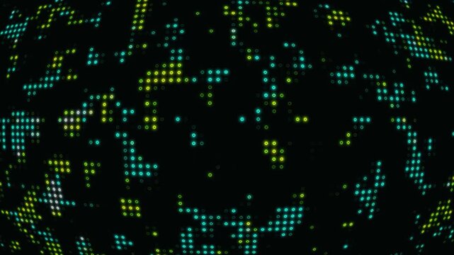 Abstract digital glowing dot pattern glitch data matrix futuristic cyan green yellow tech aesthetic dark motion background for cyber security tech web design
