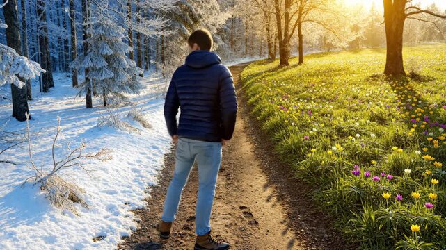 Young man walking between winter forest and spring meadow
