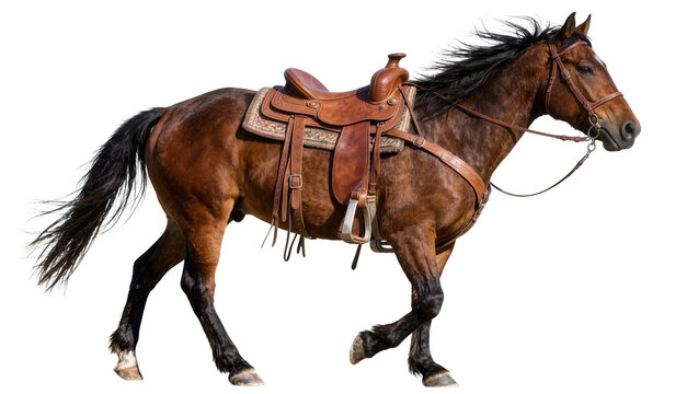Brown horse with western saddle, isolated on transparent background