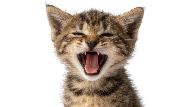 Tabby kitten yawning widely with mouth open showing tiny teeth, isolated on transparent background