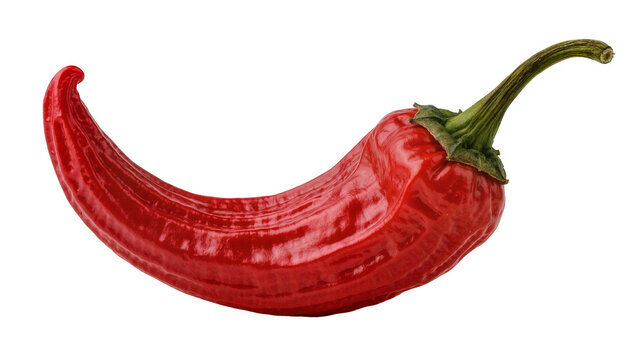 Shiny red chili pepper with green stem, isolated on transparent background