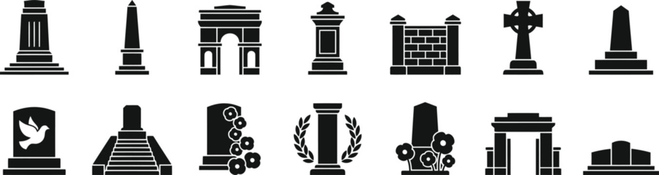 Remembrance Day Memorial Monuments Vector Silhouette Icons Set