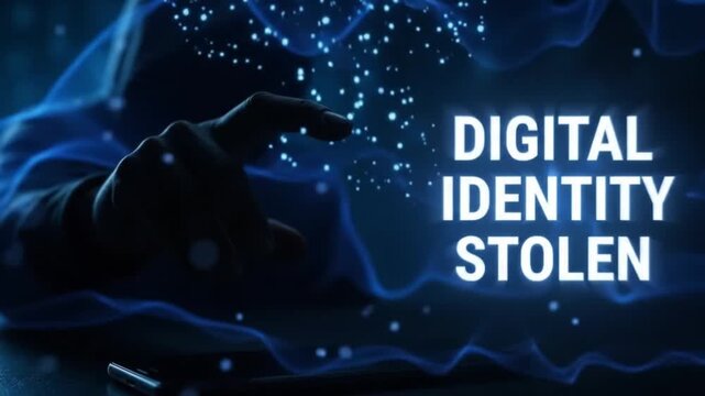 Hacker disintegrates personal user profile data on glowing screen in intense cyber security motion animation video