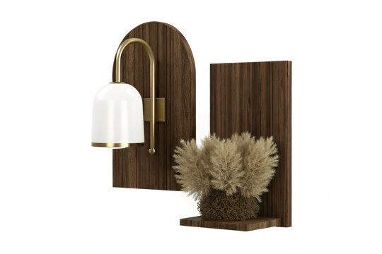 Modern arched wooden wall sconce with brass accent and dried pampas grass decor on shelf isolated on white background p n g a i g e n e r a t e d