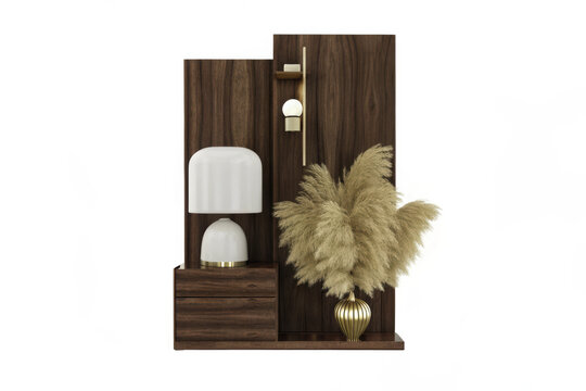 Modern wood wall panel with white lampshade table lamp and dried pampas grass in gold vase wood panel