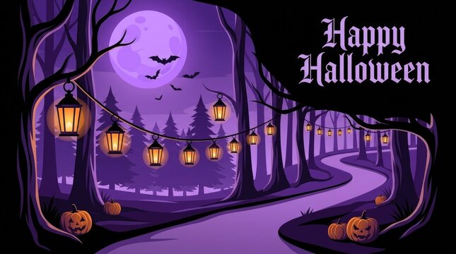 A spooky halloween night scene with a glowing moon jack o' lanterns and a winding path