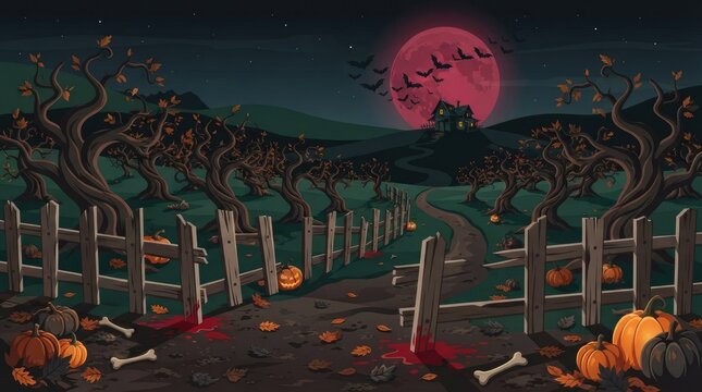 A spooky halloween night scene with a full moon graveyard and jack o' lanterns creates a frightful atmosphere