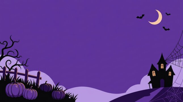 A spooky halloween night scene featuring a haunted castle bats and a crescent moon
