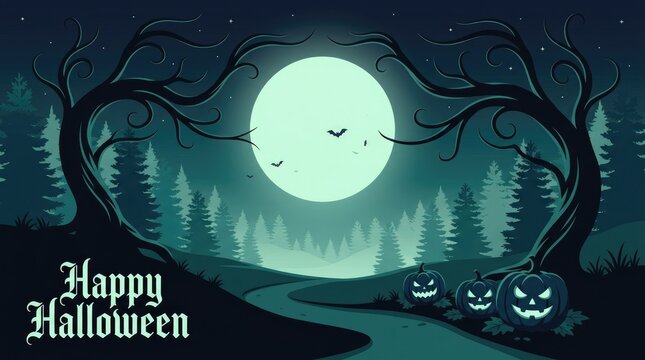 A spooky halloween night scene with a glowing moon silhouetted trees and jack o' lanterns