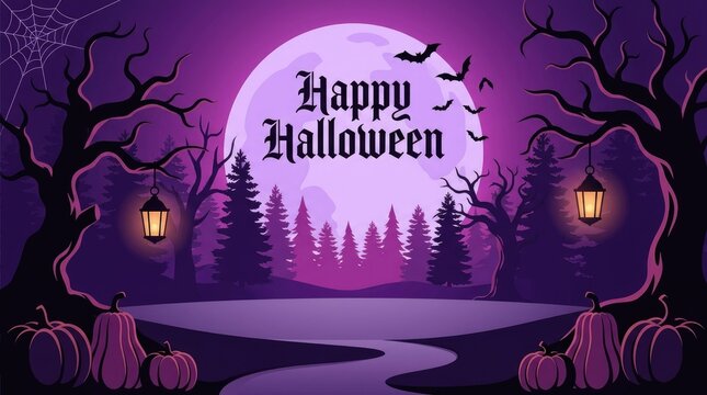A spooky and magical halloween night scene with a full moon and silhouetted trees