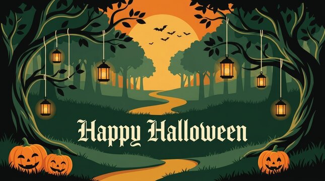 A spooky halloween night scene with jack o' lanterns a path and a glowing full moon in the background
