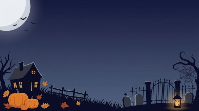 A spooky halloween night scene with a full moon haunted house and eerie cemetery landscape