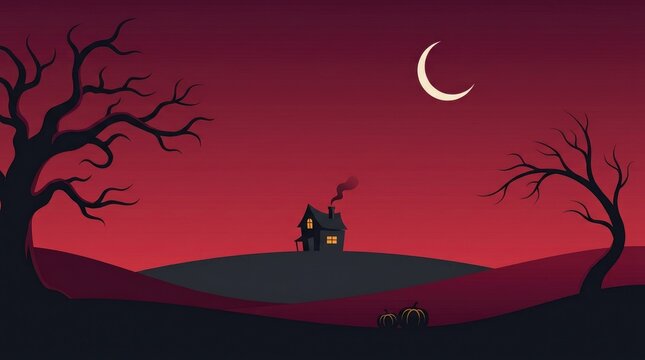 A spooky halloween night scene with a black cat silhouetted against a crimson moonlit sky