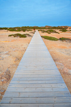 A wooden boardwalk leading straight ahead through the Algarve dune landscape.