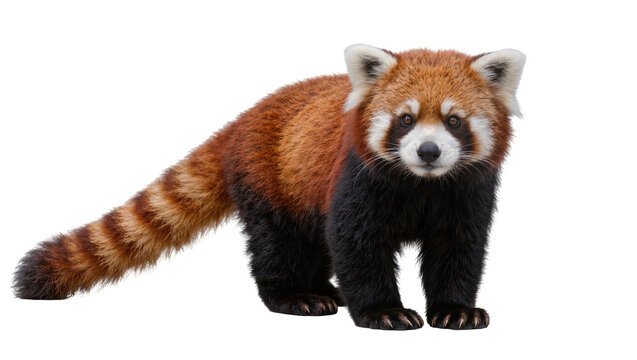 Fluffy red panda with striped tail standing on four paws, isolated on transparent background
