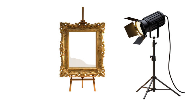 Ornate golden picture frame on easel illuminated by studio spotlight, isolated on transparent background