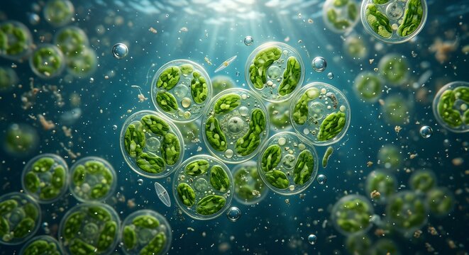 Microscopic visual of translucent green algae cells showing detailed chloroplasts, cytoplasm, membrane structure, and suspended micro-bubbles floating in clear blue ocean water under natural sunlight.