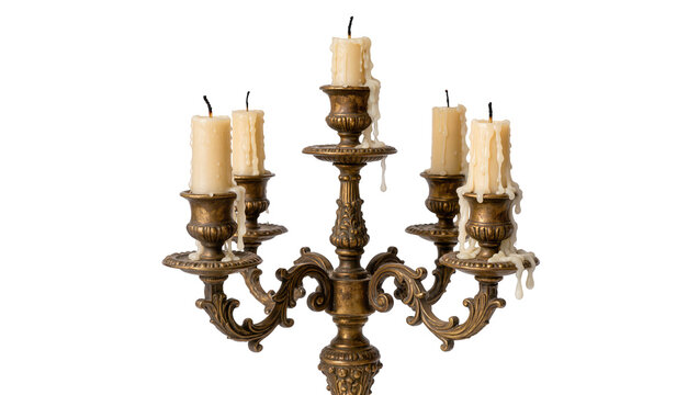 Ornate antique brass candelabra with dripping wax candles, isolated on transparent background